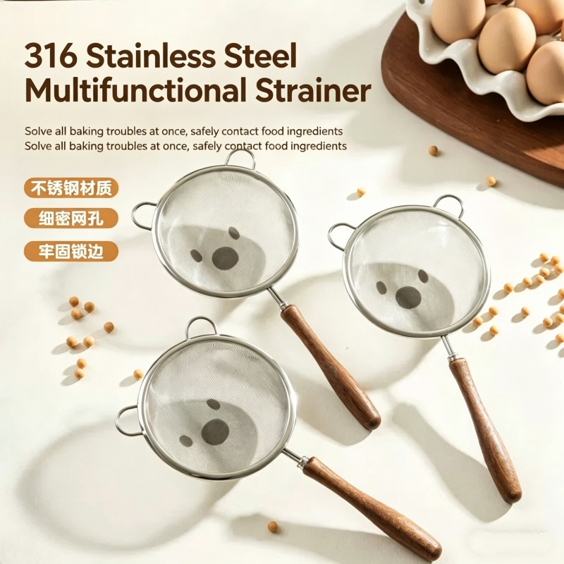 Baby Food Strainer - กระชอนกรองละเอียด, ด้ามไม้ 304 ใหม่, กระชอนกรองอาหารเสริมสำหรับเด็ก, กระชอนกรองน้ำนมถั่วเหลืองแบบละเอียดพิเศษ