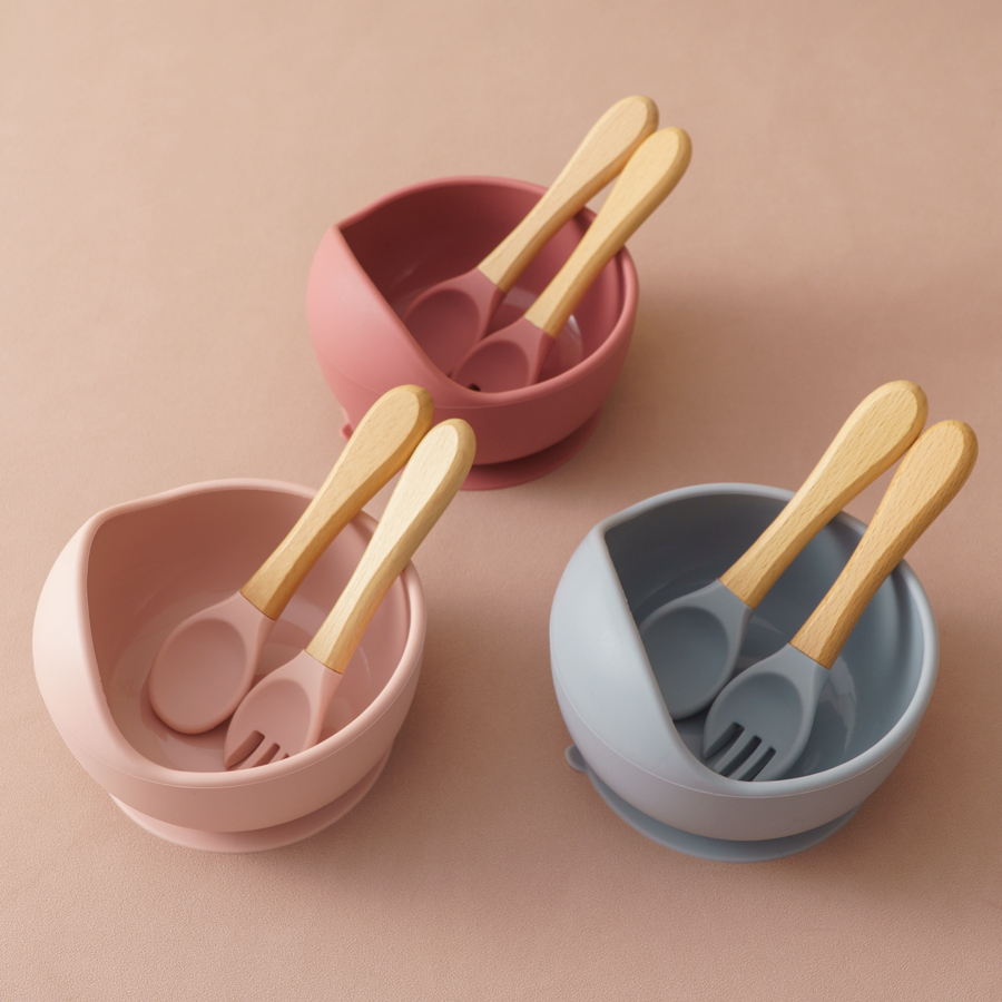 Baby Food Utensils - 3 ชิ้นซิลิโคนเด็กชุดชามเด็กการเรียนรู้จานดูดชุดชามไม้ช้อนส้อมเด็กชุดเด็ก Stuff