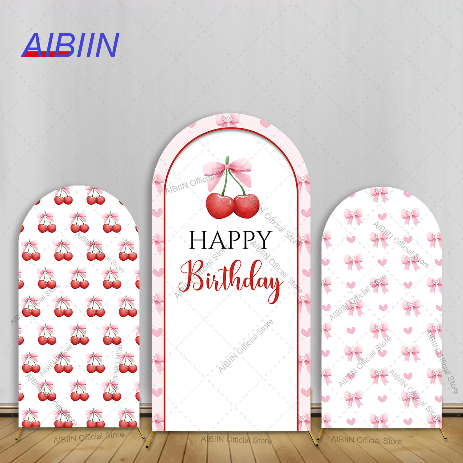 Baby Food Fruits - สาวเชอร์รี่ Happy Birthday Arch ฉากหลังฝาครอบโบว์ผลไม้หวานหัวใจเค้กเด็ก PARTY