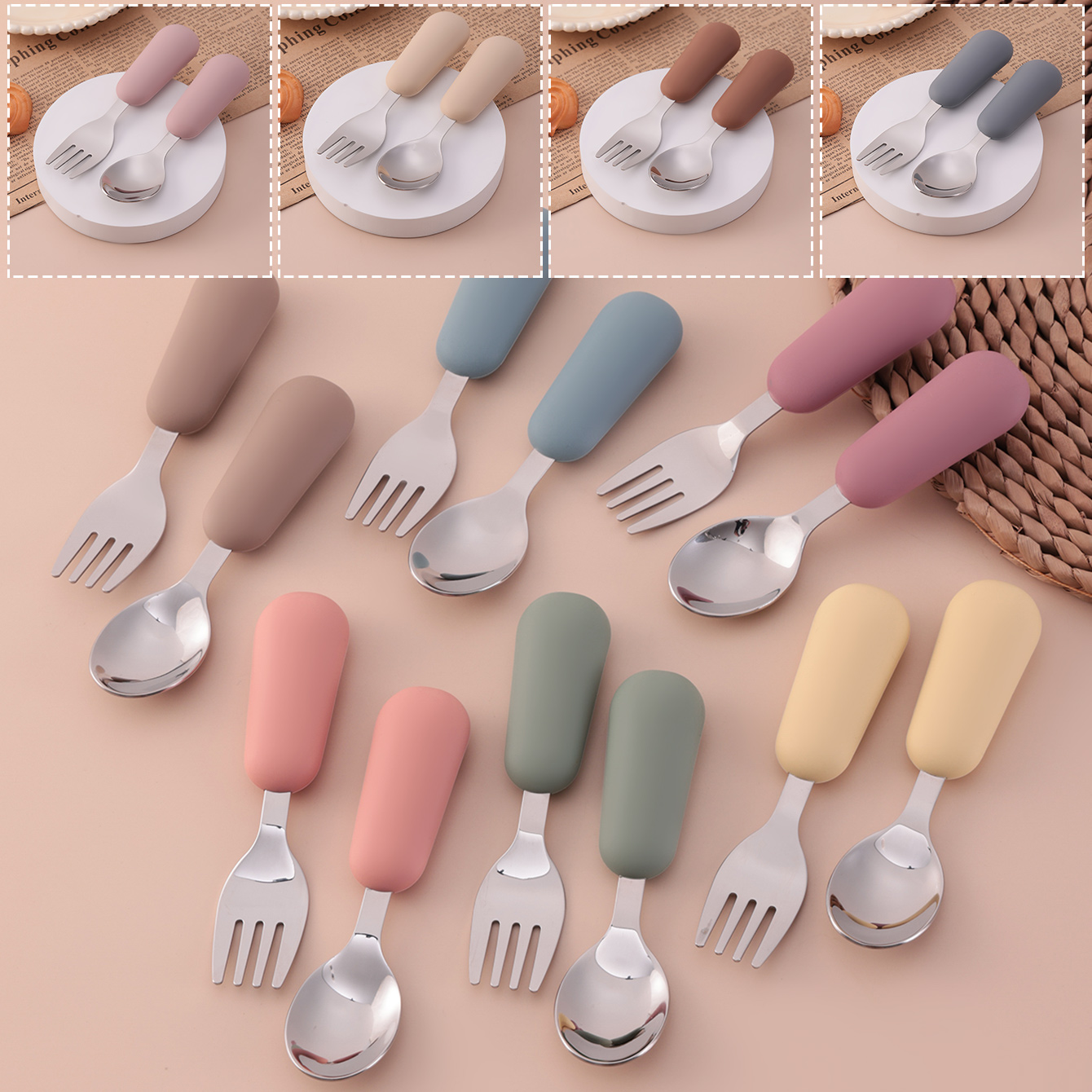 Baby Food Utensils - สีเด็ก 2PCS สแตนเลสสตีลช้อนส้อมชุดให้อาหารเด็กเป็นมิตรกับสิ่งแวดล้อมเด็กวัยหัดเดินภาชนะ BPA ฟรีเด็กอาหารเย็นเด็ก Stuff