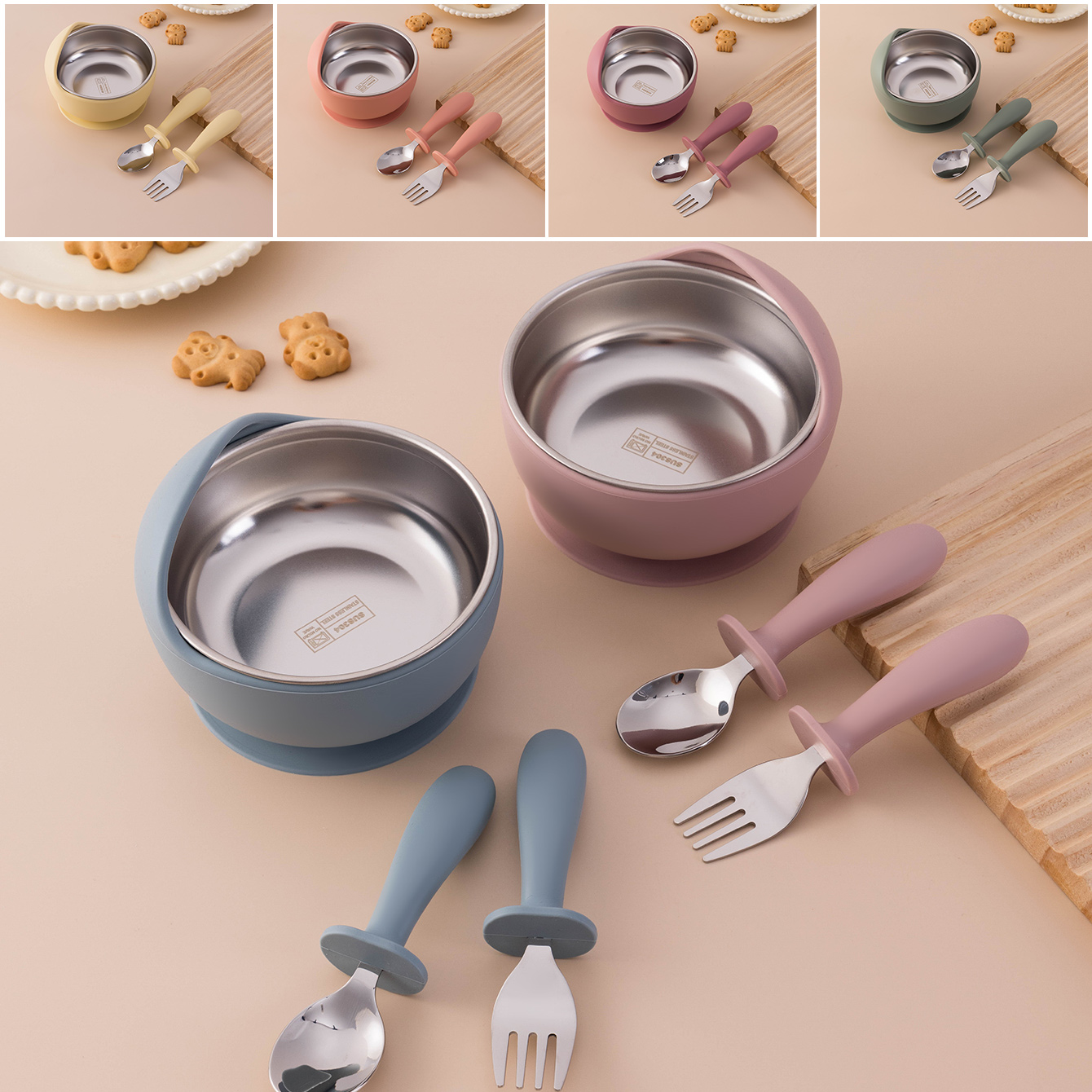 Self Feed Spoon - สีเด็ก 3PCS สแตนเลสสตีลซิลิโคนชุดให้อาหารที่ถอดออกได้ดูดชาม Self Feeding Utensils