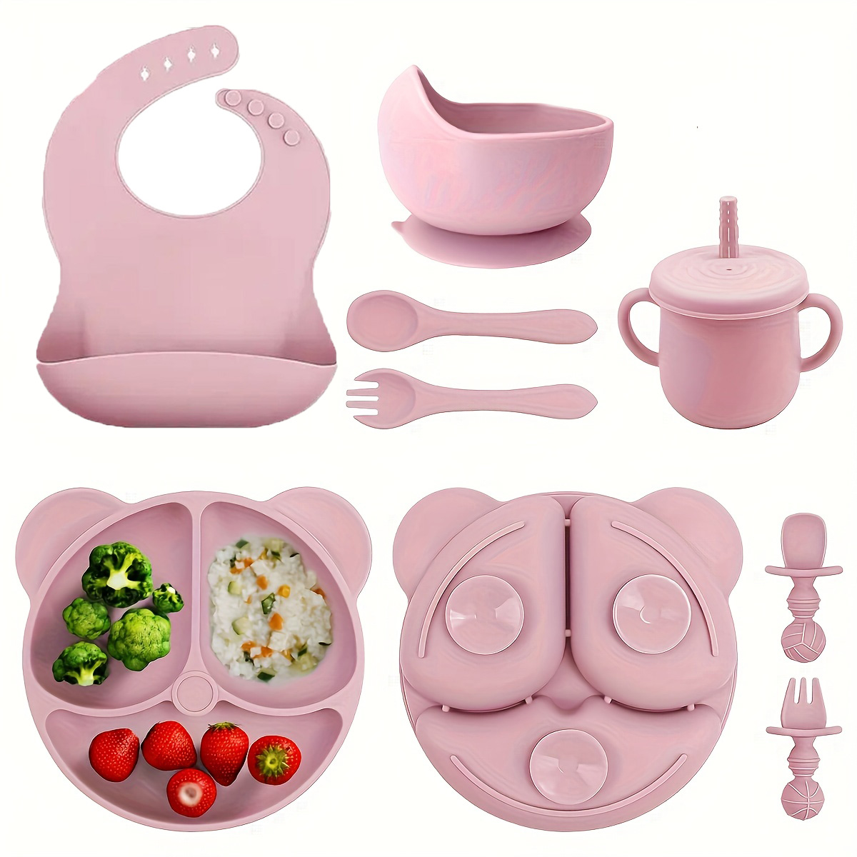 Baby Food Little Spoon - ชุดอาหารเด็กซิลิโคน 8 ชิ้น ลายหมีน้อย รุ่นใหม่ ประกอบด้วยผ้ากันเปื้อน