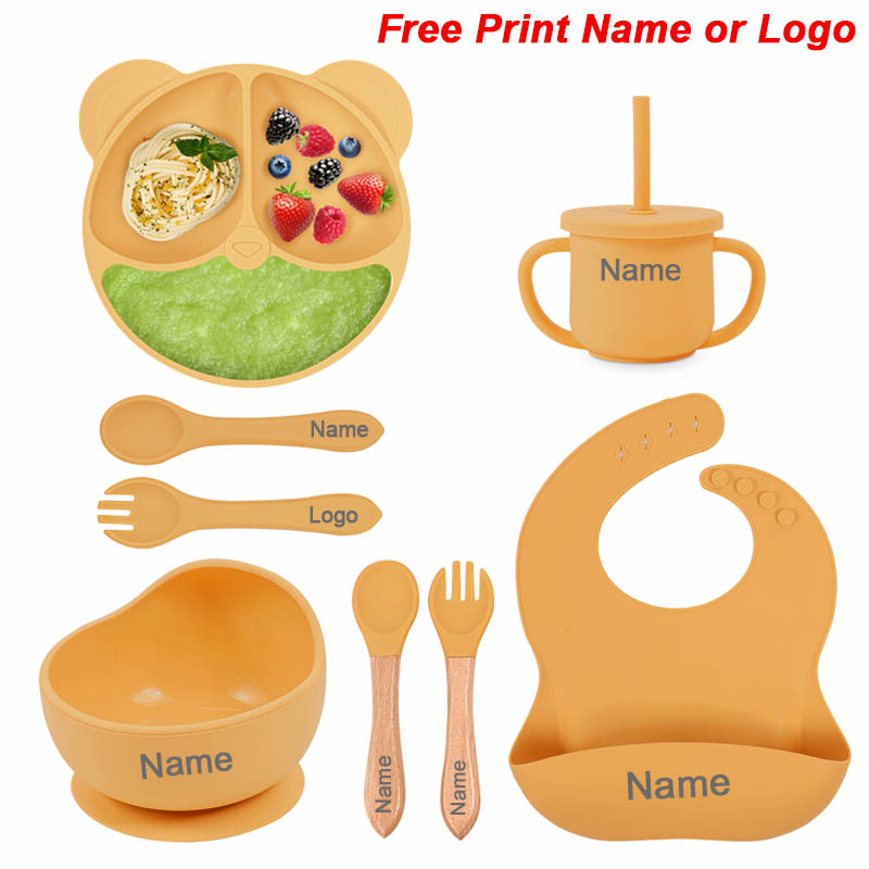 Baby Food Utensils - ชุดให้อาหารซิลิโคนสําหรับทารก Sucker ชามจานสําหรับเด็กหมีชุดจานชุดอาหารเด็กถ้วยเด็กฟาง 8 ชิ้น